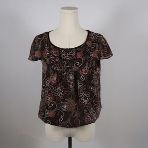 Apt 9 Womens Floral Print Sheer Flutter Sleeve Scoop Neck Top Size M Brown